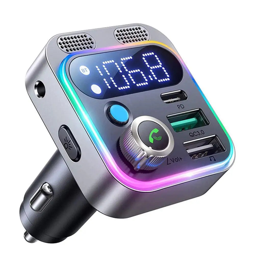 Bluetooth 5.3 FM transmitter with 4-port USB and Type-C car charger