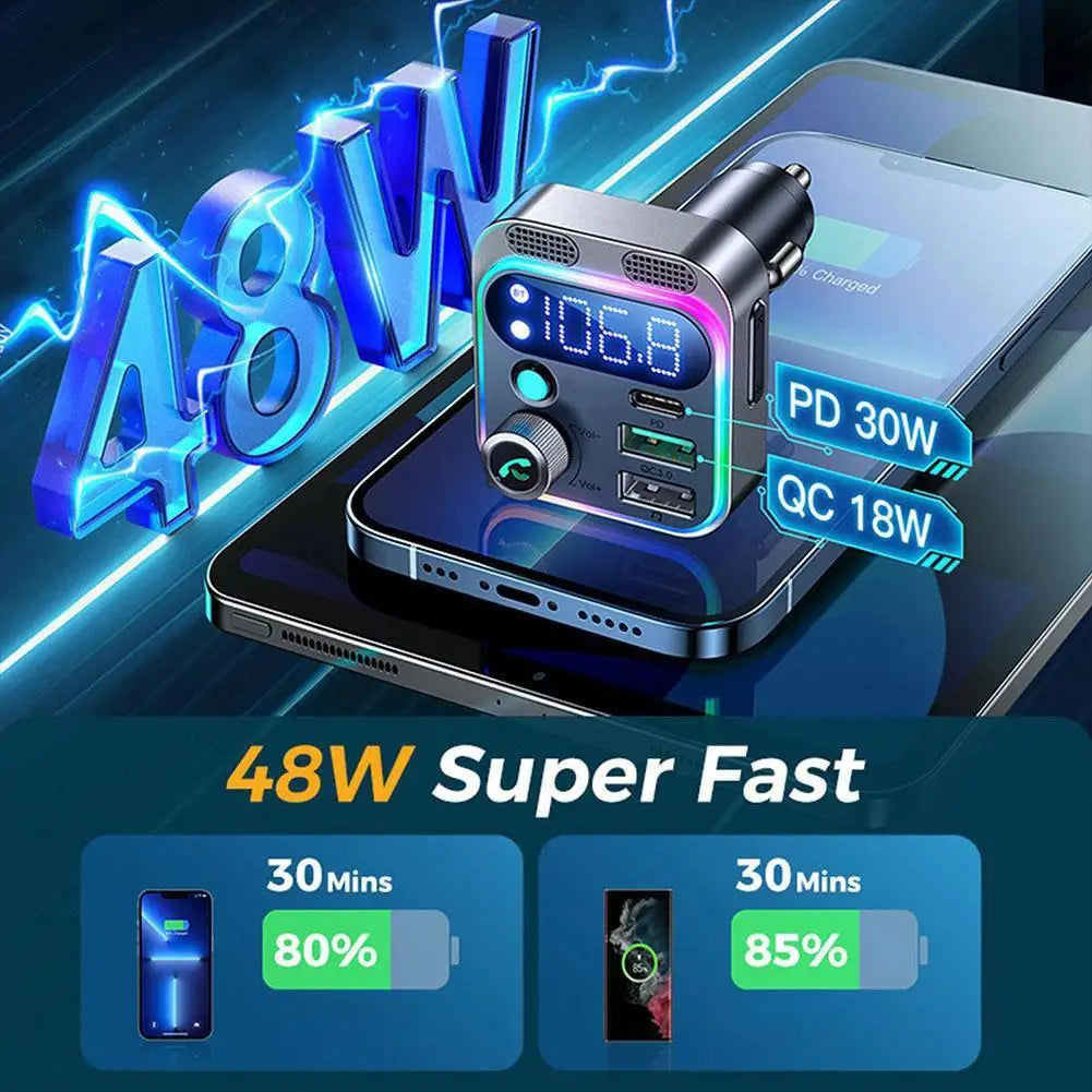 Multi-port fast car charger with LED display and Bluetooth audio