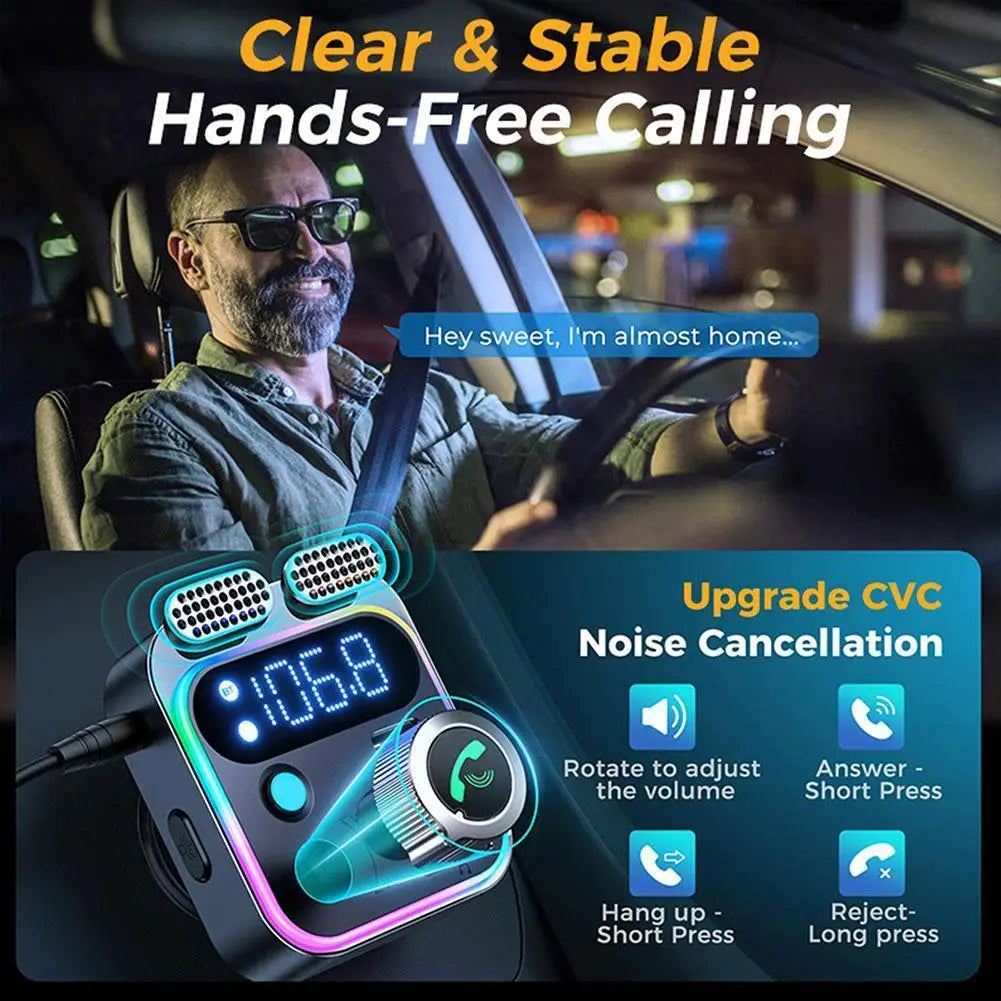 Wireless FM transmitter for car with hands-free calling and music streaming